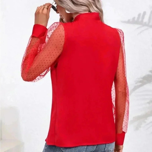 Elegant Red Bow Tie Blouse with Polka Dot Mesh Sleeve Romantic Statement Top A67 - Picture 2 of 8